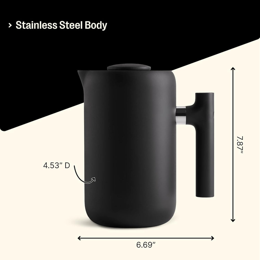 Insulated Coffee Maker with Enhanced Filtration System, Portable French Press Stainless Steel, 24 oz Carafe, Matte Black P1854