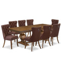 9-Piece Acacia Wood Dining Set with 8 Burgundy Faux Leather Chairs W619
