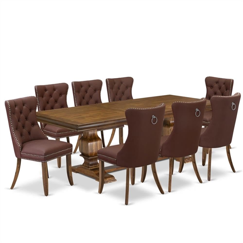 9-Piece Acacia Wood Dining Set with 8 Burgundy Faux Leather Chairs W619