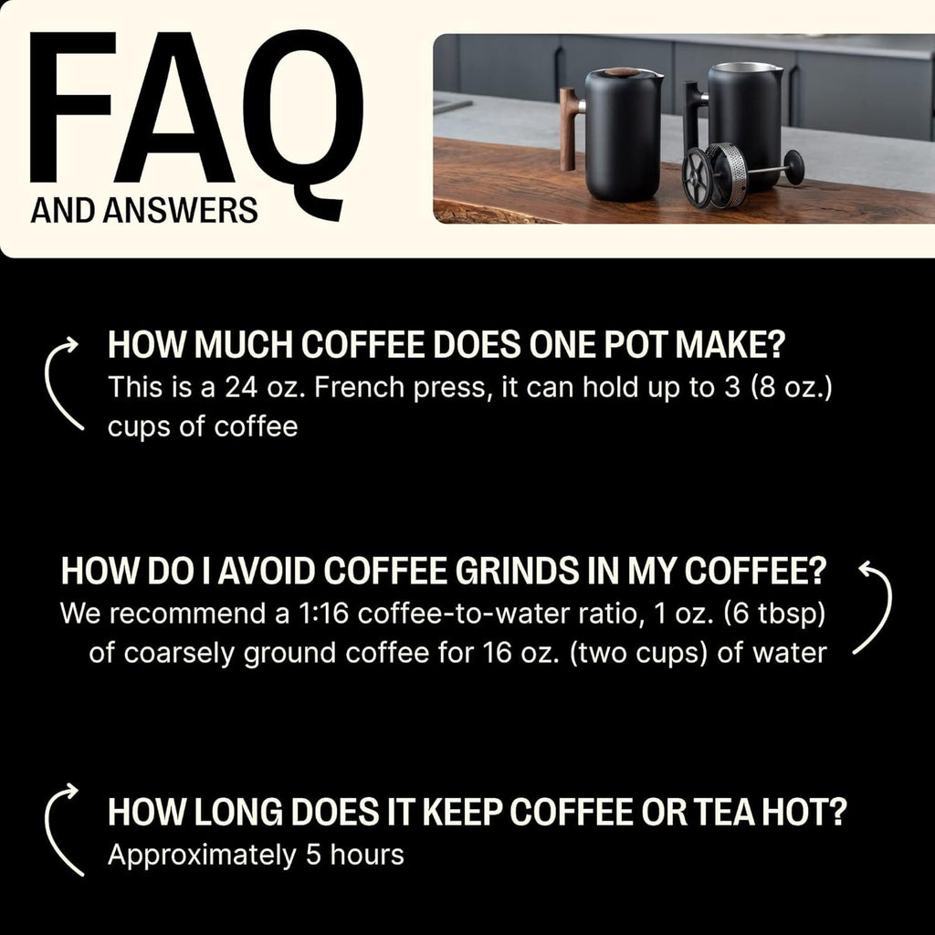 Insulated Coffee Maker with Enhanced Filtration System, Portable French Press Stainless Steel, 24 oz Carafe, Matte Black P1854