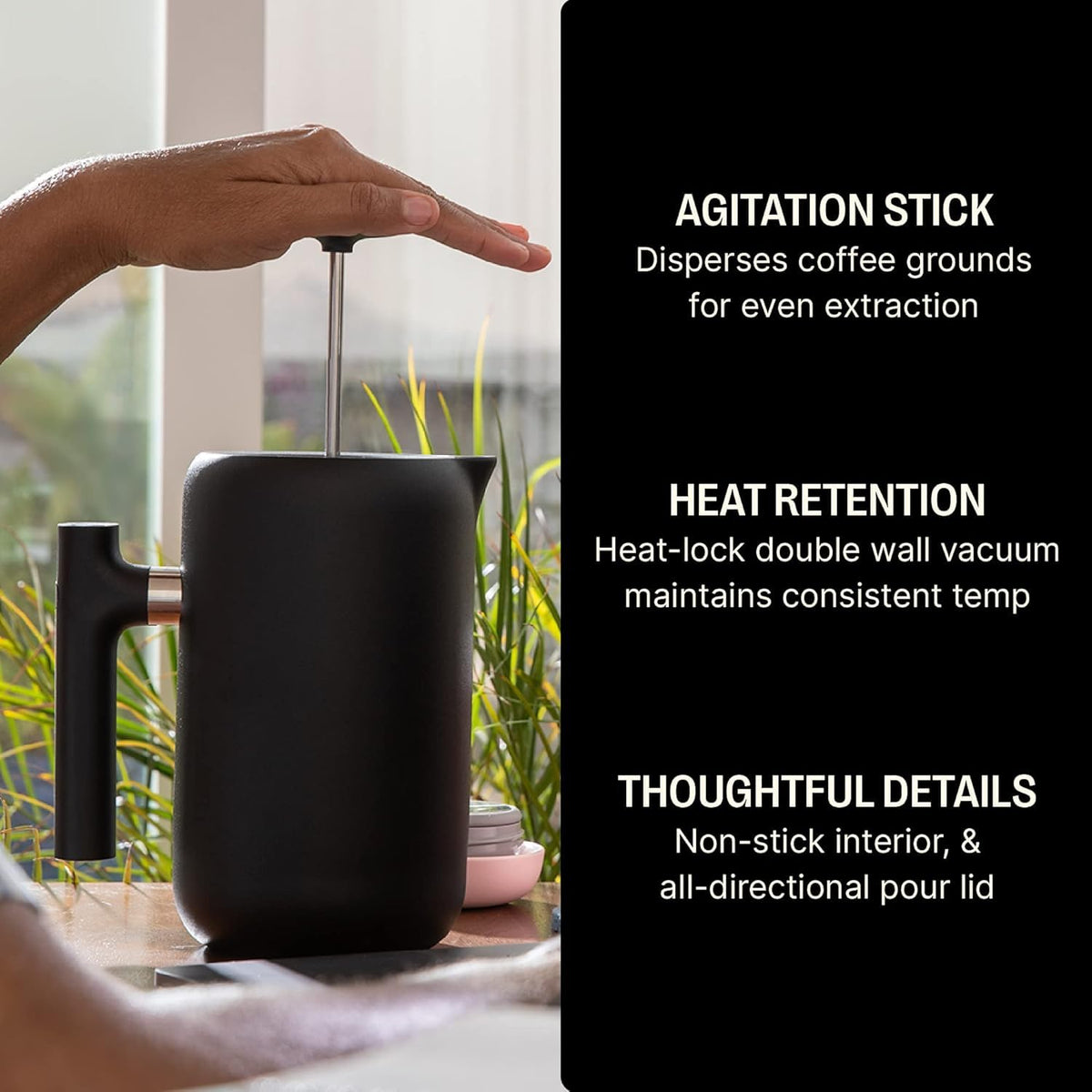 Insulated Coffee Maker with Enhanced Filtration System, Portable French Press Stainless Steel, 24 oz Carafe, Matte Black P1854