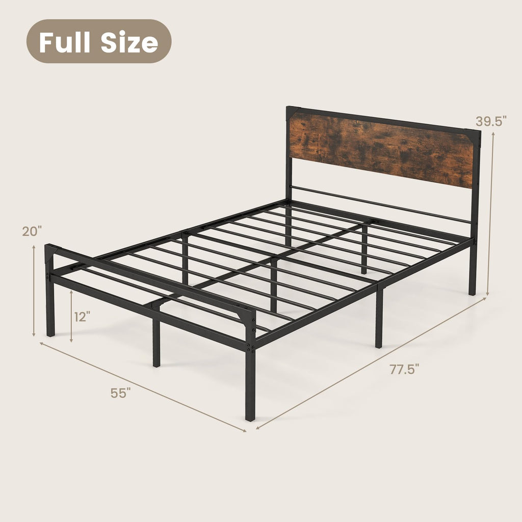 Full Size Metal Platform Bed Frame with Rustic Headboard K171105