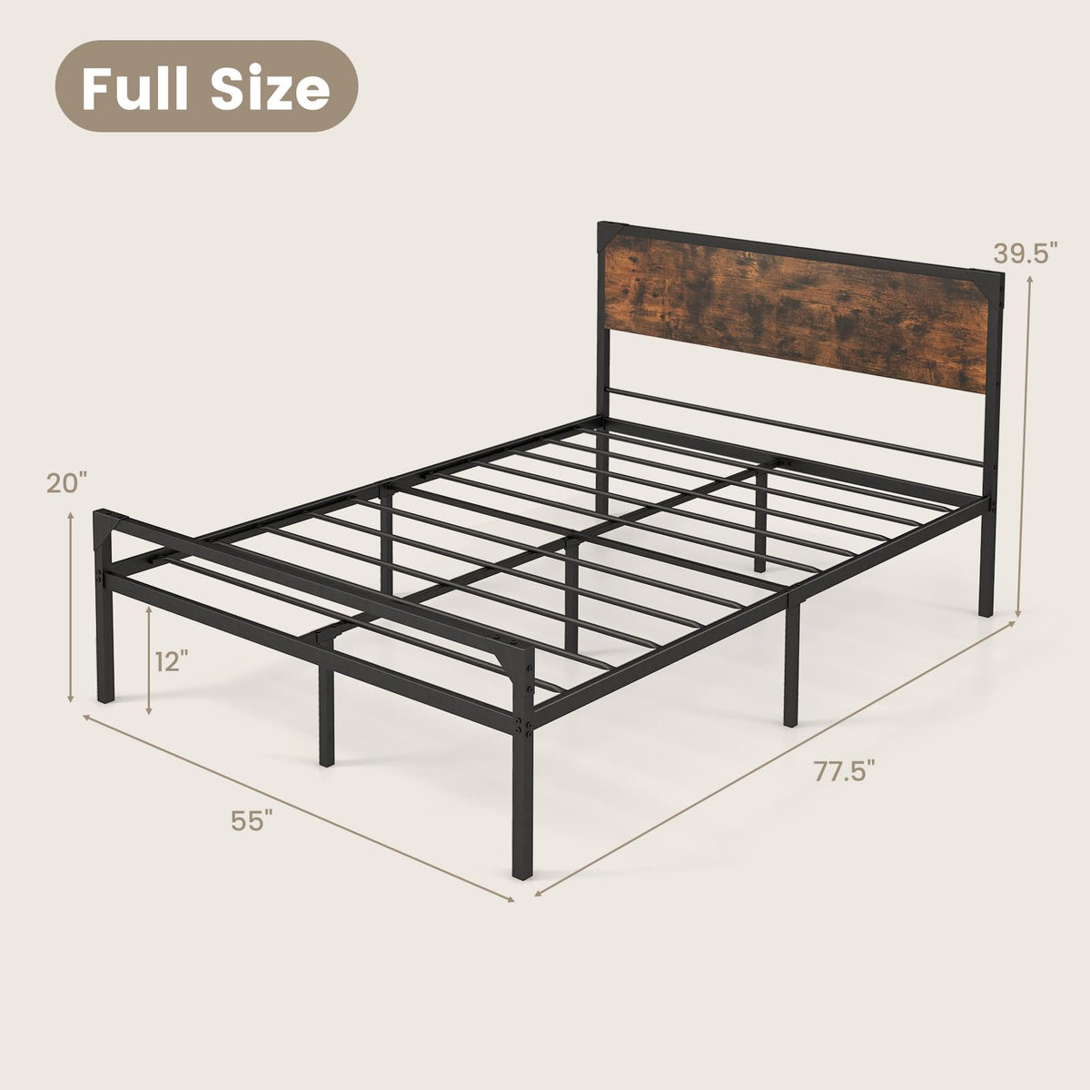 Full Size Metal Platform Bed Frame with Rustic Headboard K171105
