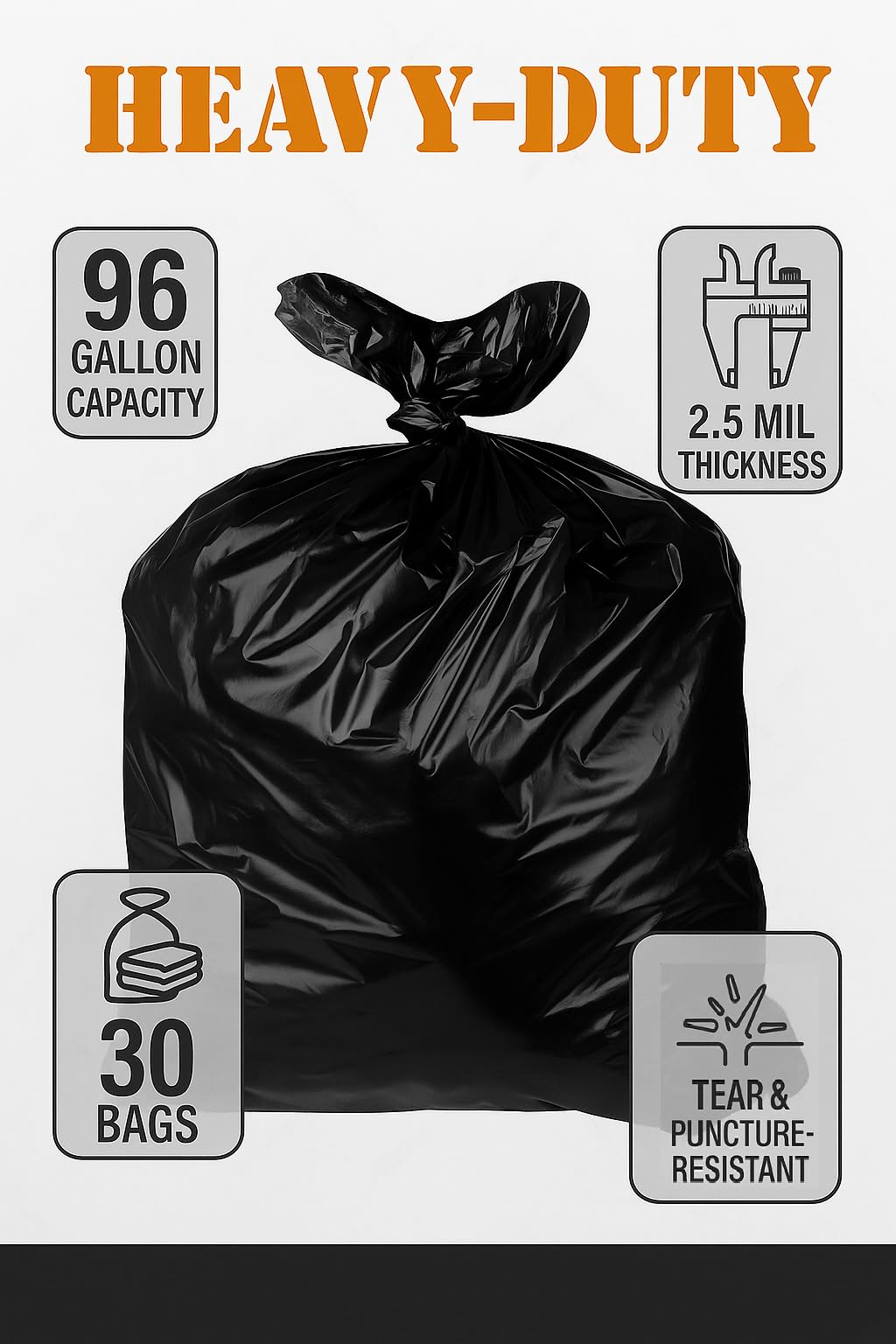 95–96 Gallon 30 Count 2.5 Mil Black Trash Bags U25680