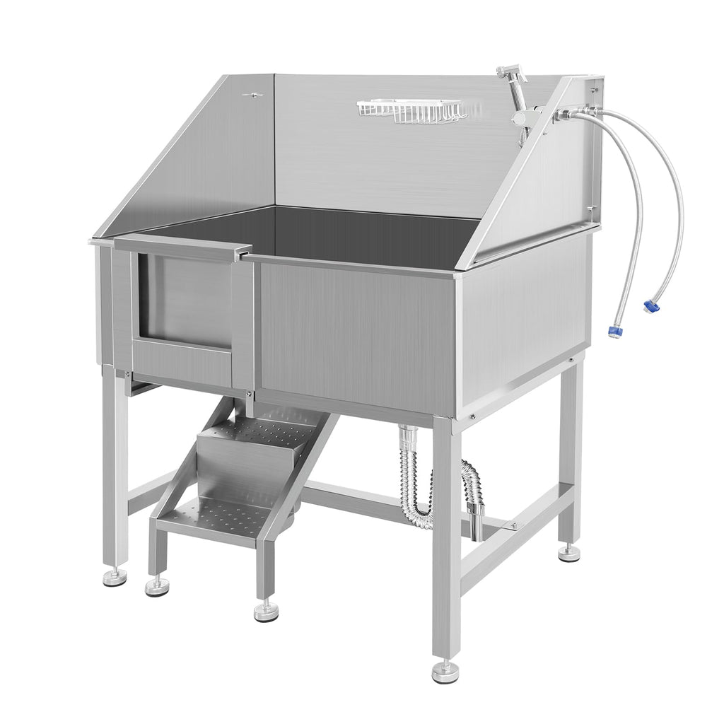 38" Stainless Steel Dog Washing Station with Stairs, Drain & Door E37252