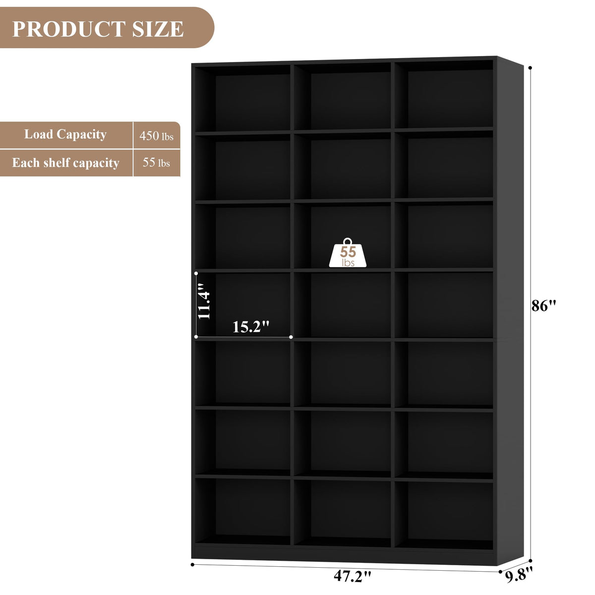 86" Triple Wide Black Bookshelf and Bookcase S958