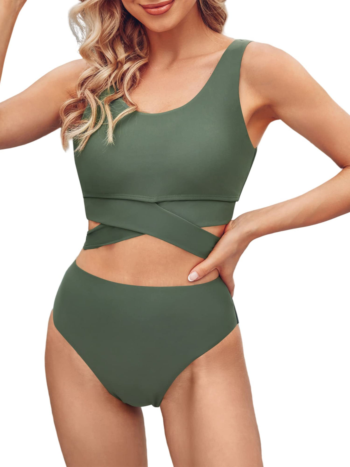 Scoop Neck High Waisted Two Piece Bikini Set Y445