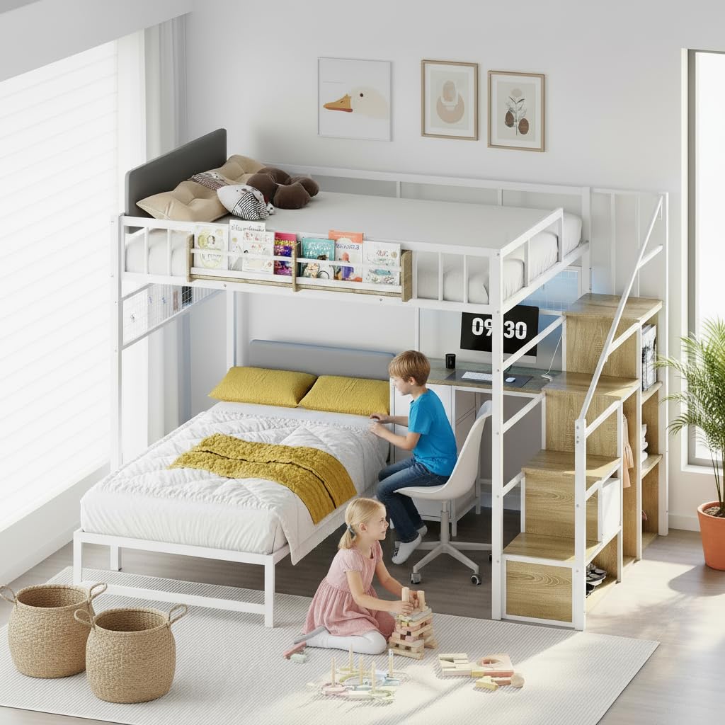 Full Over Twin L-Shaped Metal Loft Bunk Bed with Desk, Stairs, Drawers, Shelves, Charging Station and LED Light C42504