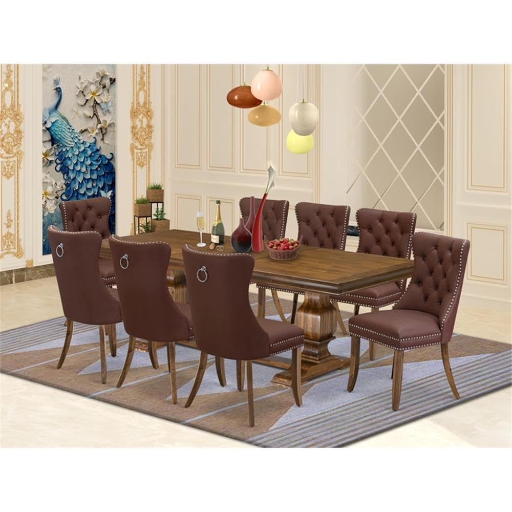 9-Piece Acacia Wood Dining Set with 8 Burgundy Faux Leather Chairs W619