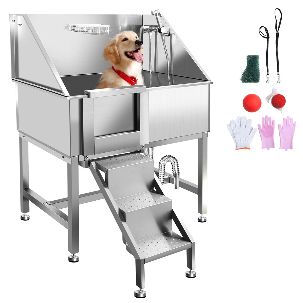 38" Stainless Steel Dog Washing Station with Stairs, Drain & Door E37252
