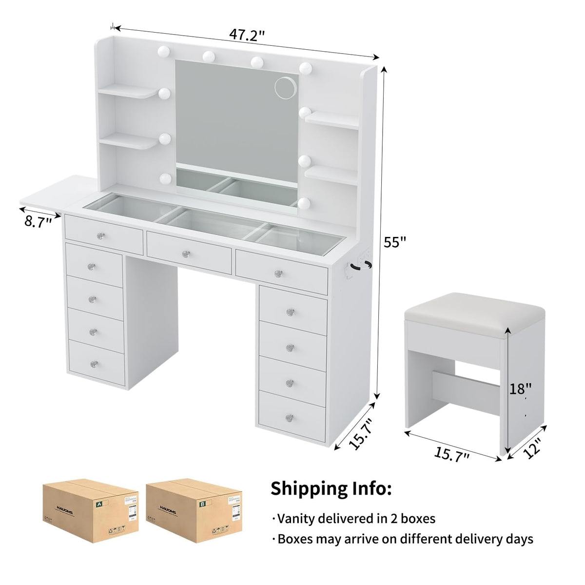 Vanity Desk with Mirror and 12 LED Lights, 11 Drawers & 4 Shelves X501185