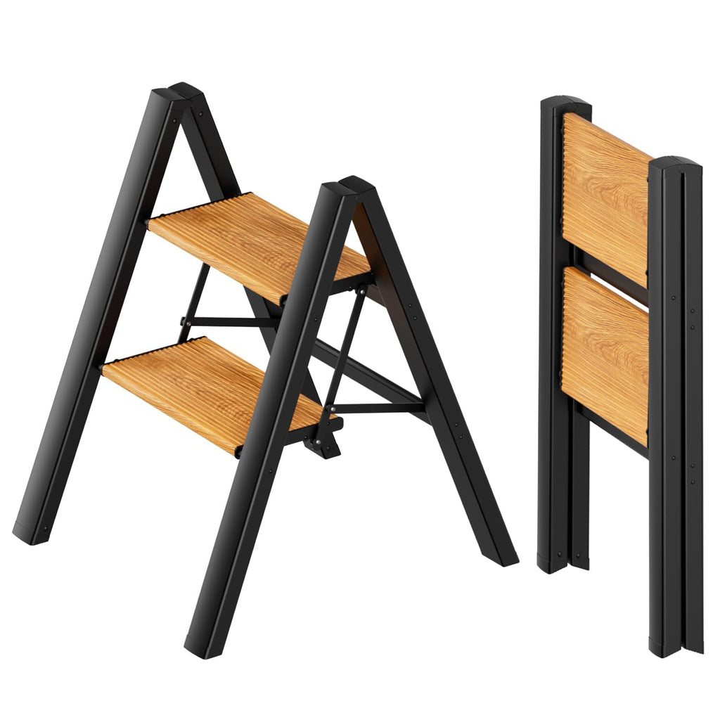 2 Step Folding Ladder, Black & Woodgrain B7604