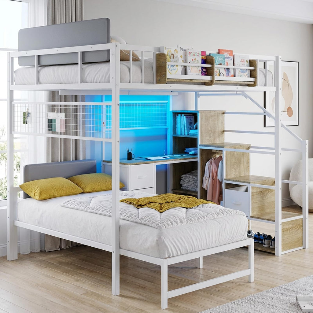 Full Over Twin L-Shaped Metal Loft Bunk Bed with Desk, Stairs, Drawers, Shelves, Charging Station and LED Light C42504