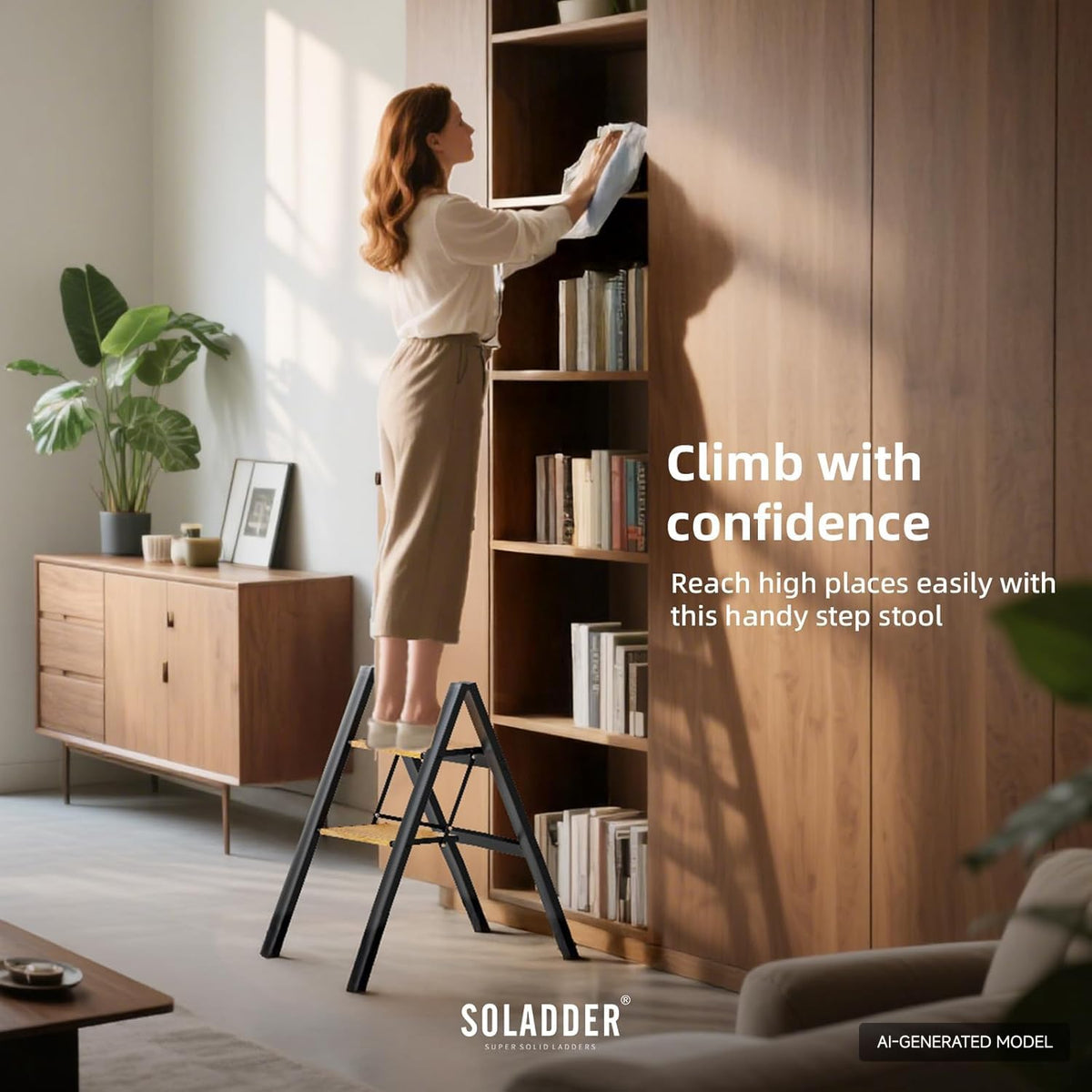 2 Step Folding Ladder, Black & Woodgrain B7604
