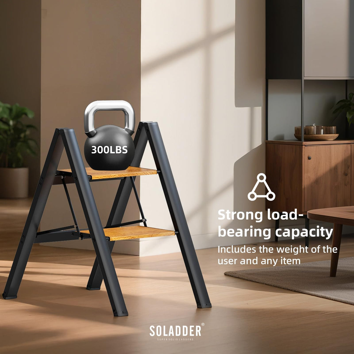 2 Step Folding Ladder, Black & Woodgrain B7604