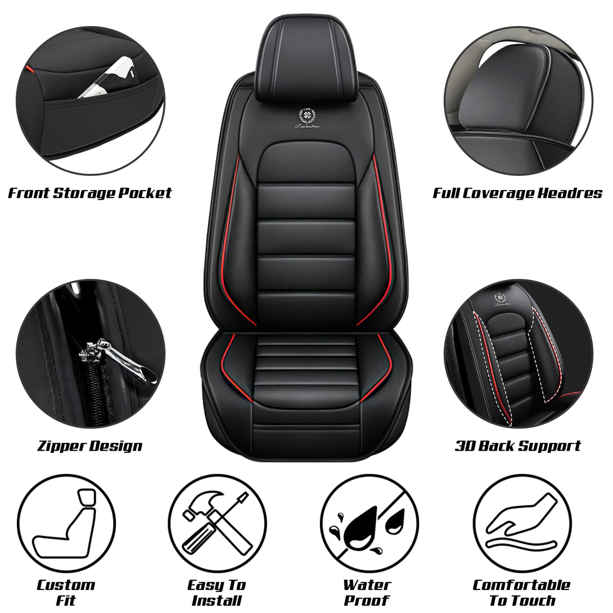 Waterproof Nappa Leather Full Coverage Car Seat Covers Full Set Black Red E49071