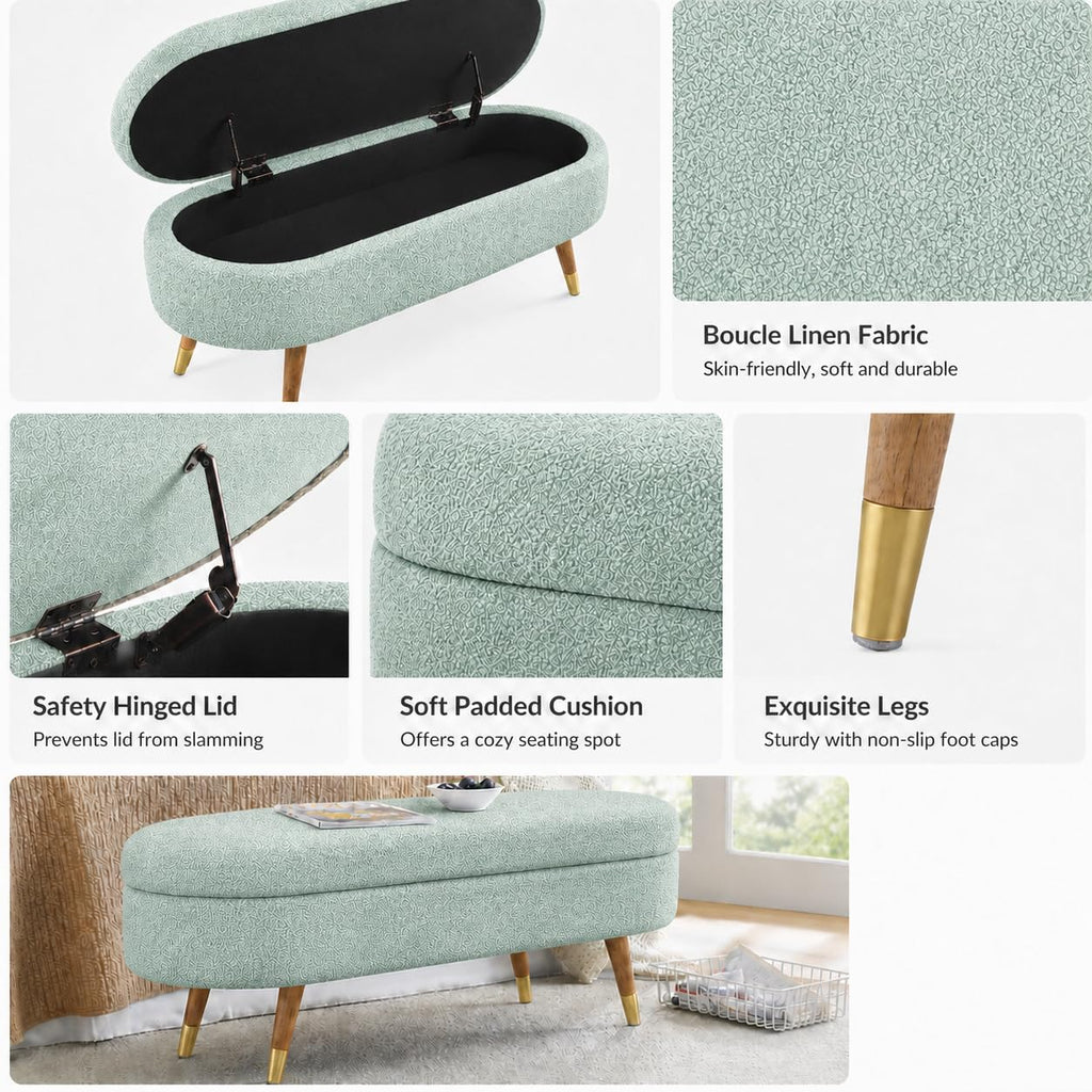 Cream Oval Boucle Storage Ottoman with Wooden Legs A207