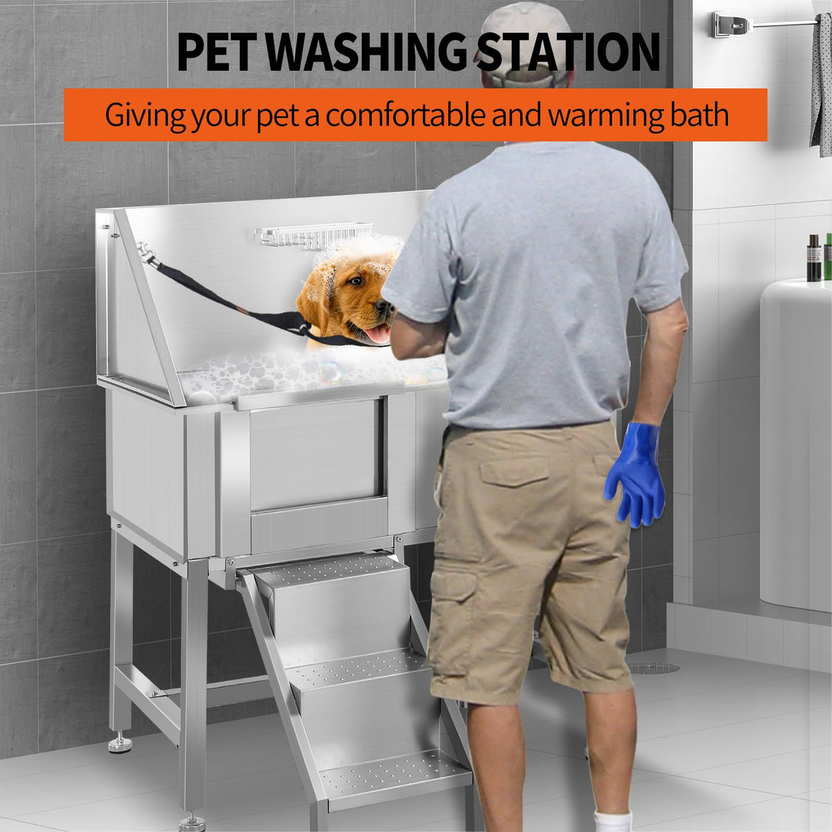 38" Stainless Steel Dog Washing Station with Stairs, Drain & Door E37252