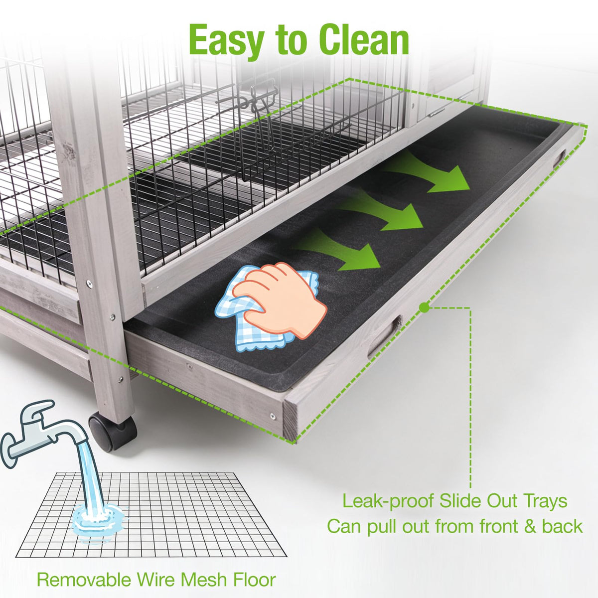 Wooden Rabbit Cage with Pull Out Tray and Wheels A875