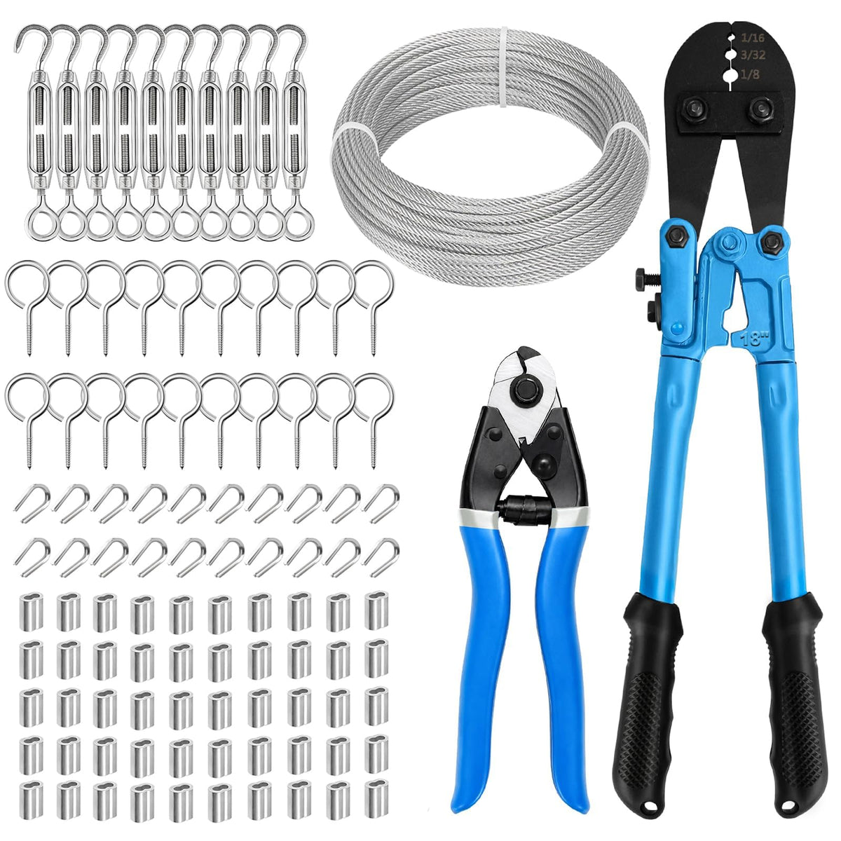 1/8 Wire Rope Kit, 100ft Stainless Steel Cable with Crimping Tool & Cutter S445