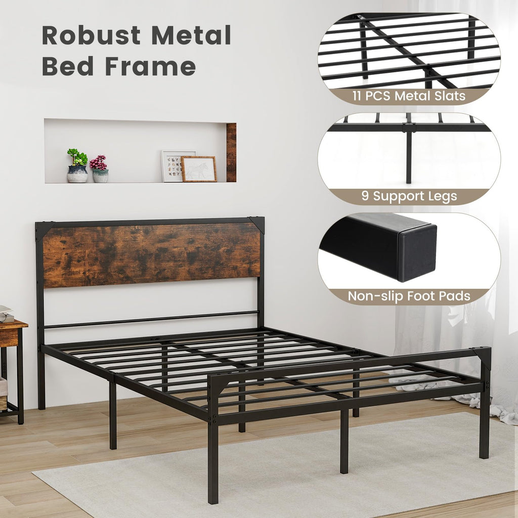 Full Size Metal Platform Bed Frame with Rustic Headboard K171105