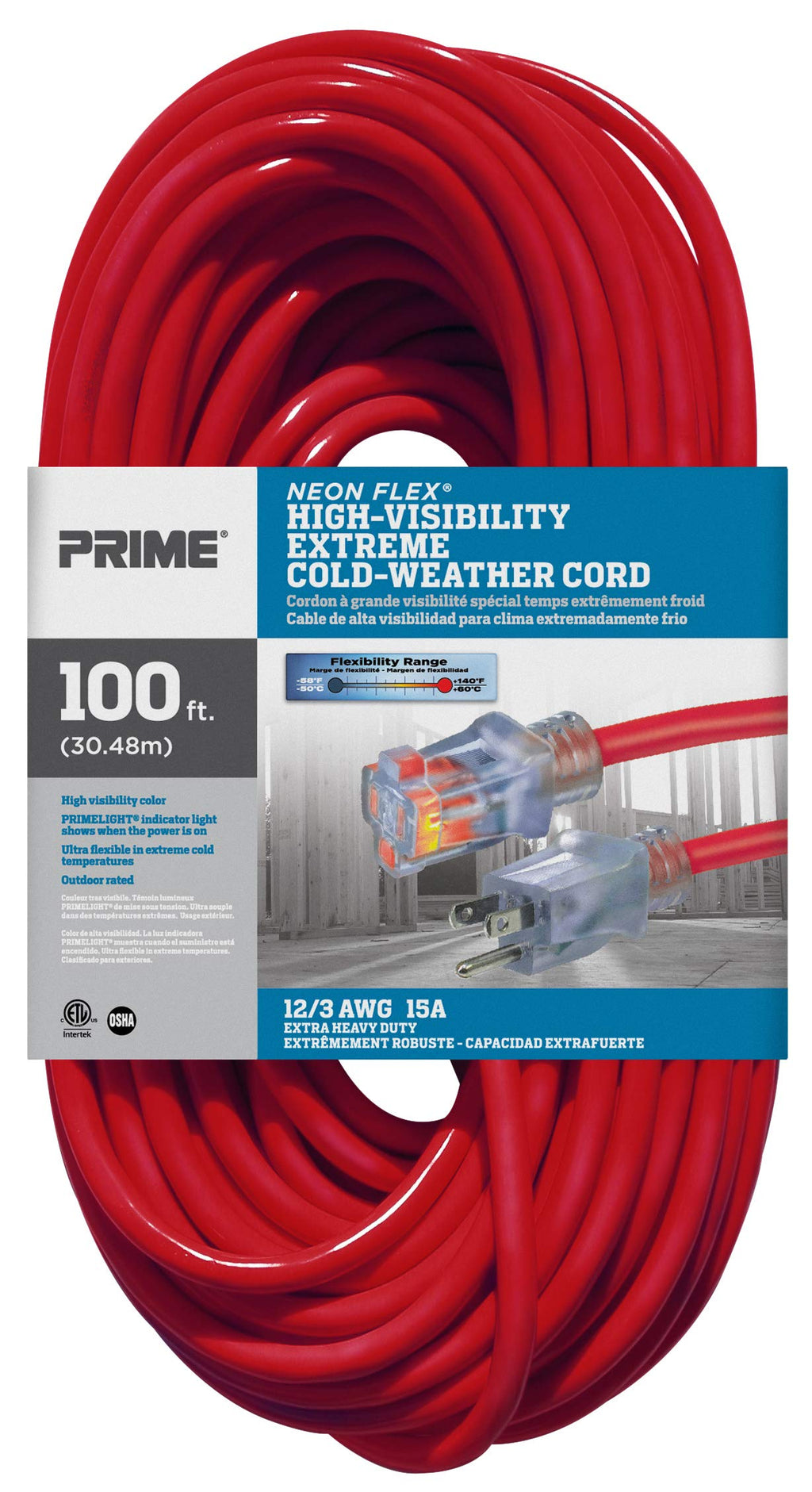 100-Foot 12/3 SJTW Outdoor Extension Cord with Light Indicator, Neon Red X93598