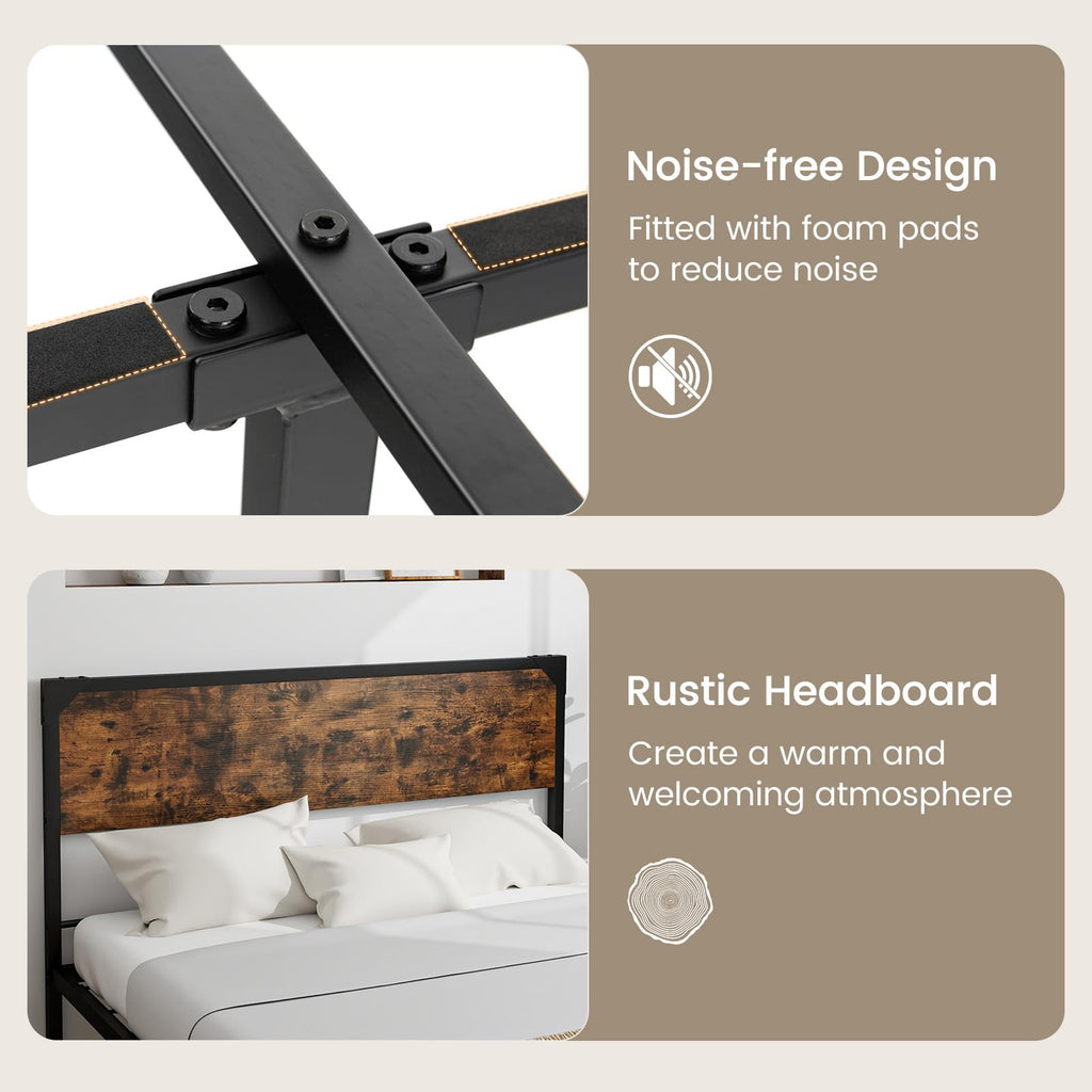 Full Size Metal Platform Bed Frame with Rustic Headboard K171105