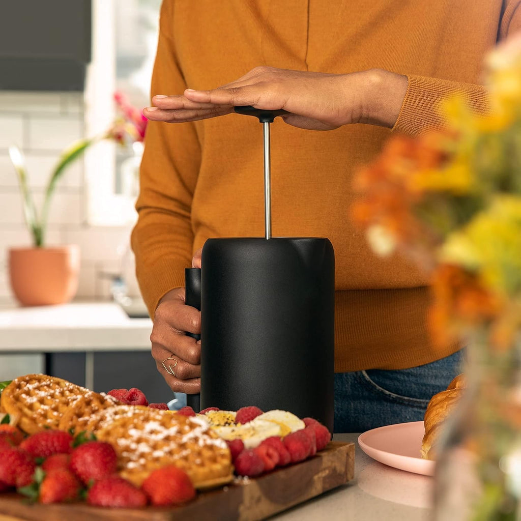 Insulated Coffee Maker with Enhanced Filtration System, Portable French Press Stainless Steel, 24 oz Carafe, Matte Black P1854