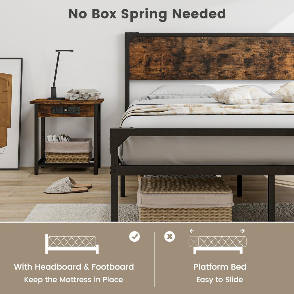Full Size Metal Platform Bed Frame with Rustic Headboard K171105