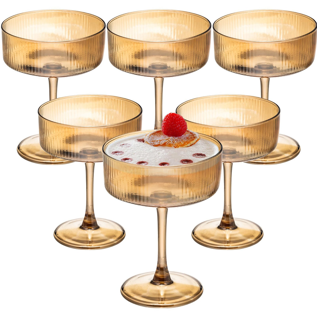 Set of 6 Amber Ribbed Coupe Cocktail Glasses B348