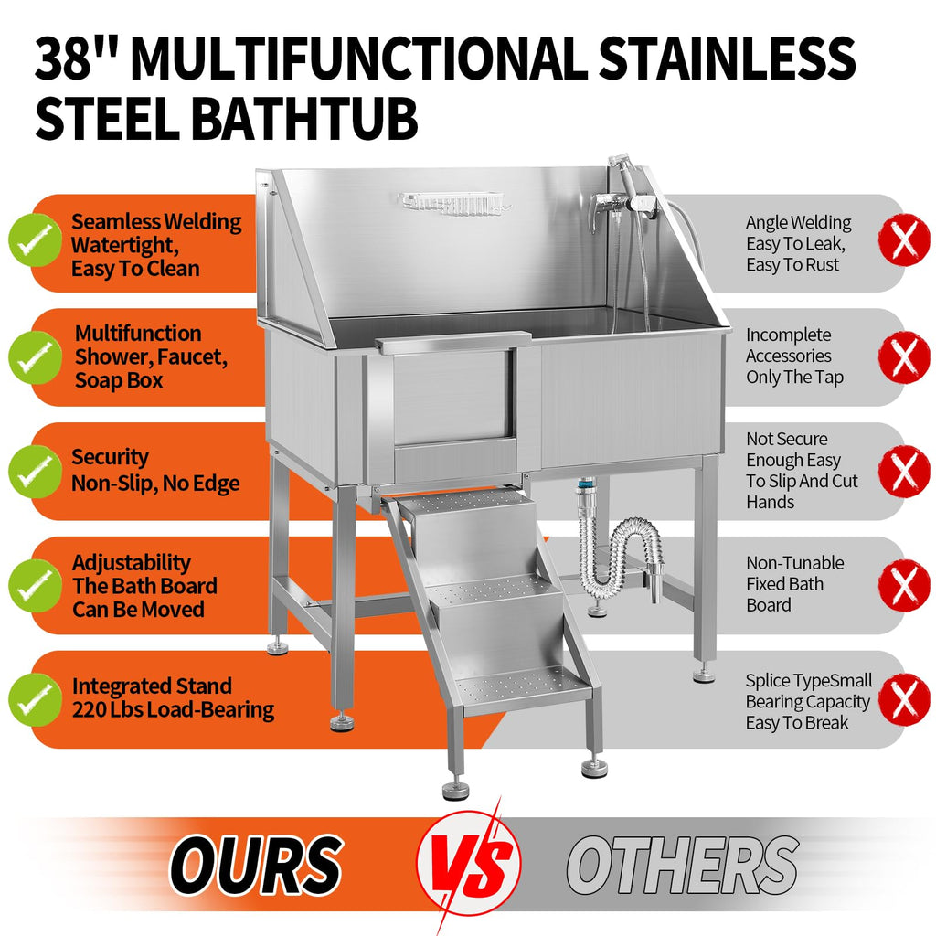 38" Stainless Steel Dog Washing Station with Stairs, Drain & Door E37252