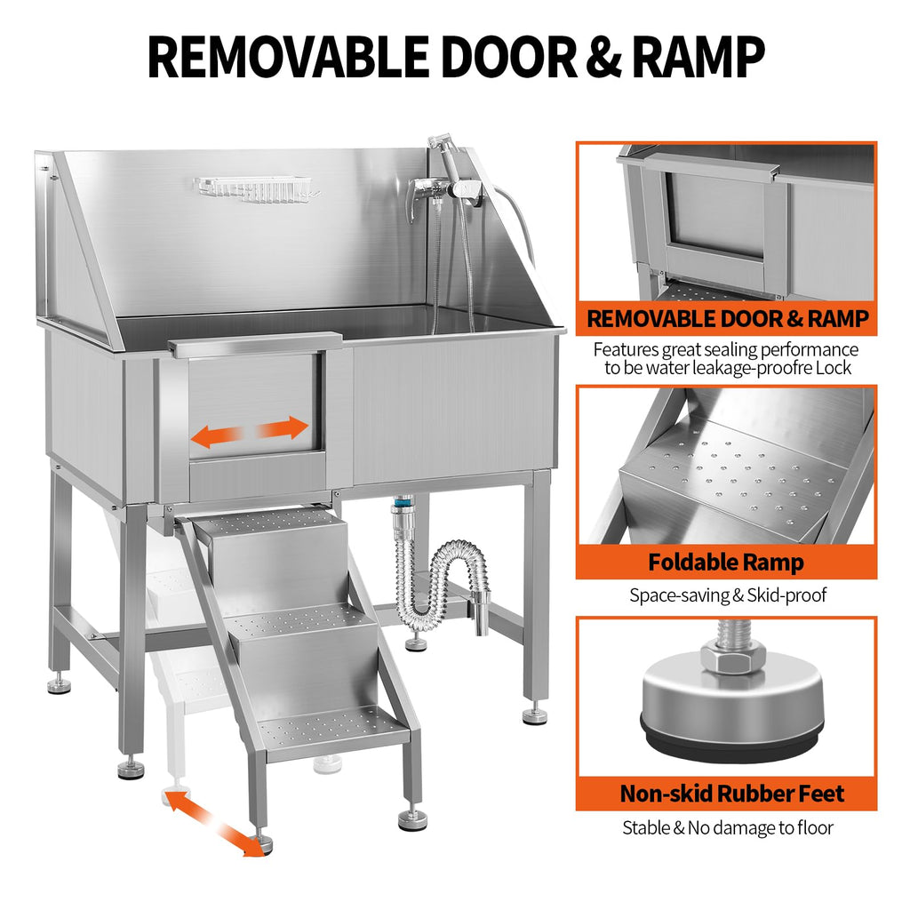 38" Stainless Steel Dog Washing Station with Stairs, Drain & Door E37252
