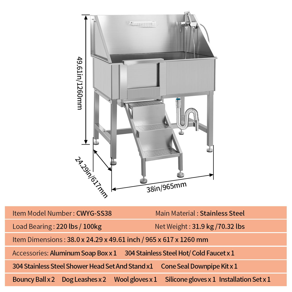 38" Stainless Steel Dog Washing Station with Stairs, Drain & Door E37252