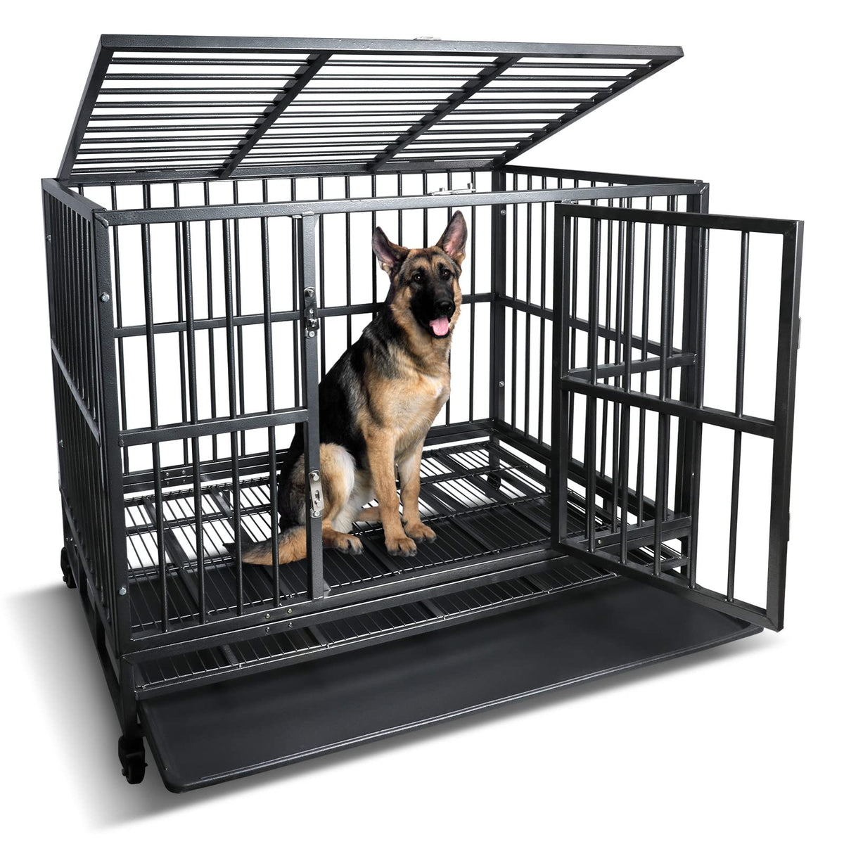 42 inch Heavy Duty Metal Dog Cage with Double Doors & Lockable Wheels I746401