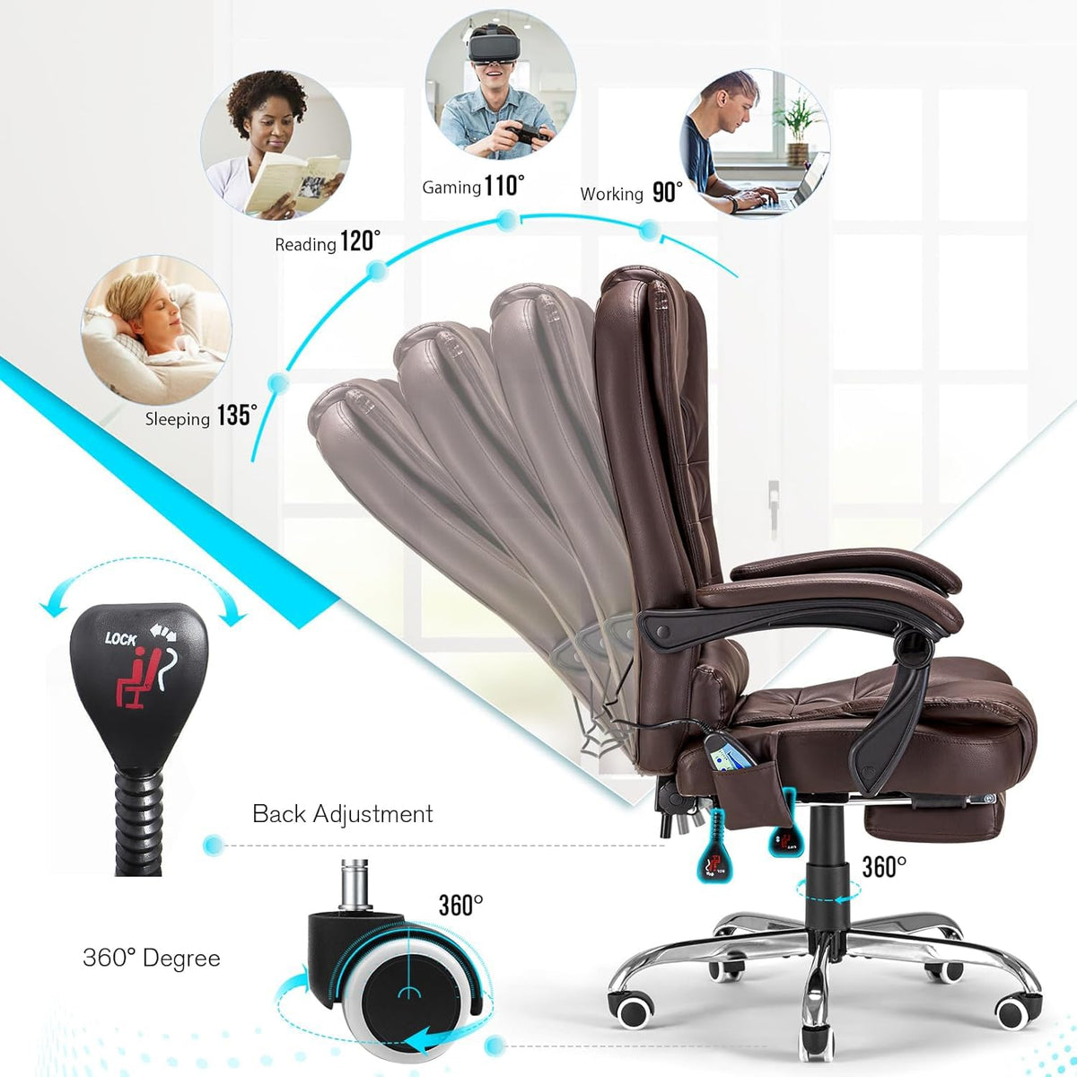 Massage Office Chair with Heat Function & Footrest S6208