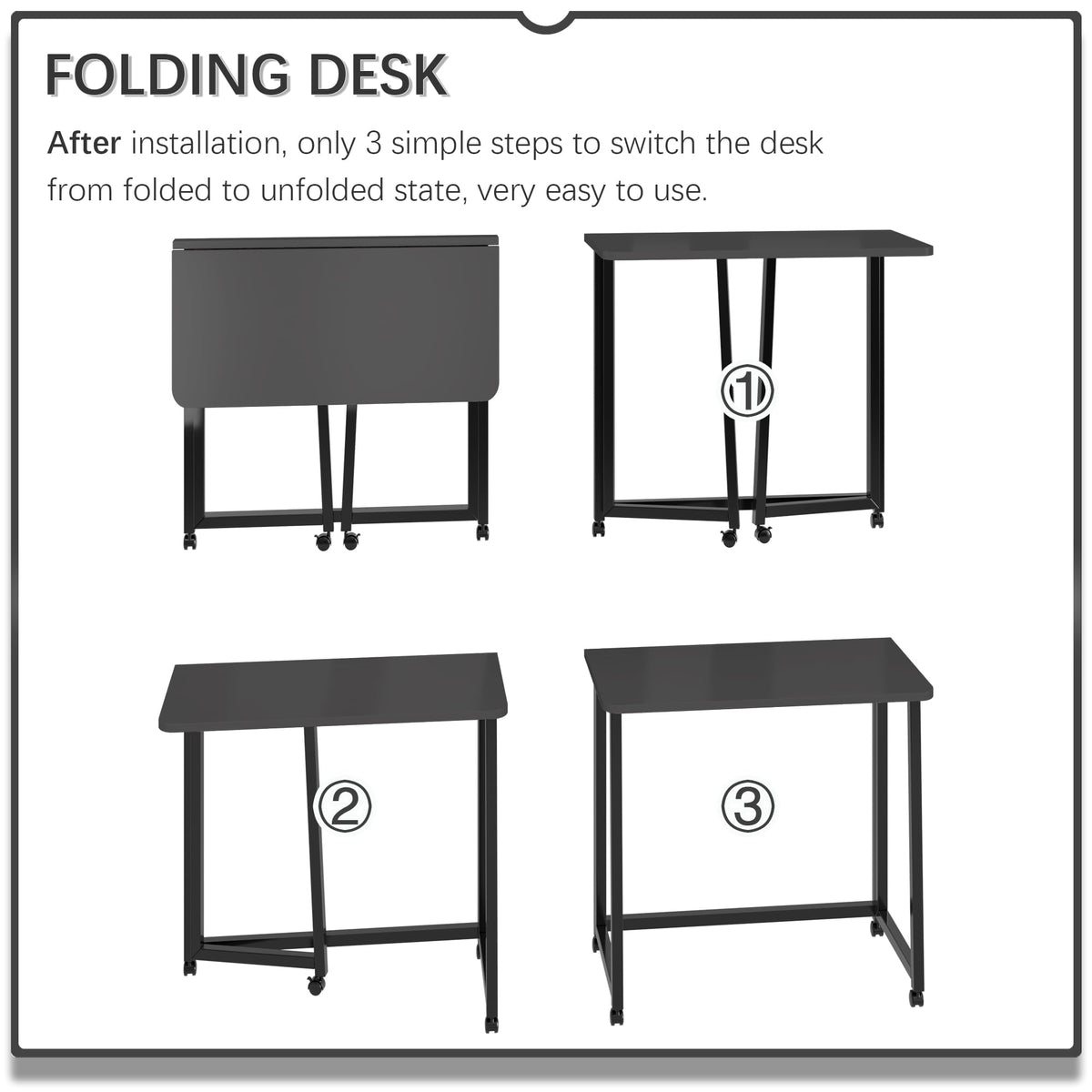 23.6" Folding Mobile Desk with Wheels, All Black Y750