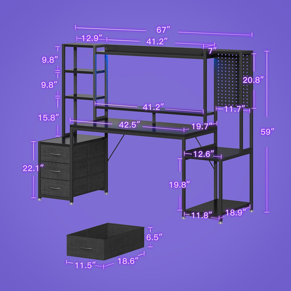 67 Inch Gaming Desk with Storage Shelves, 3 Drawers, LED Lights, Hutch I509
