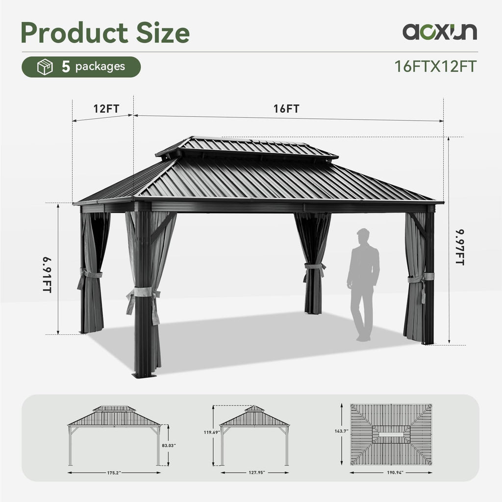 12FT X 16FT Hardtop Gazebo with Mosquito Netting and Curtains F538235