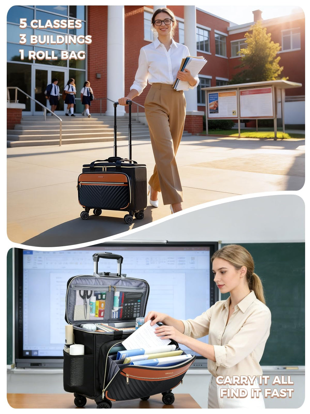 Rolling Teacher Bag with 4-Wheels 360° Spinner E2726