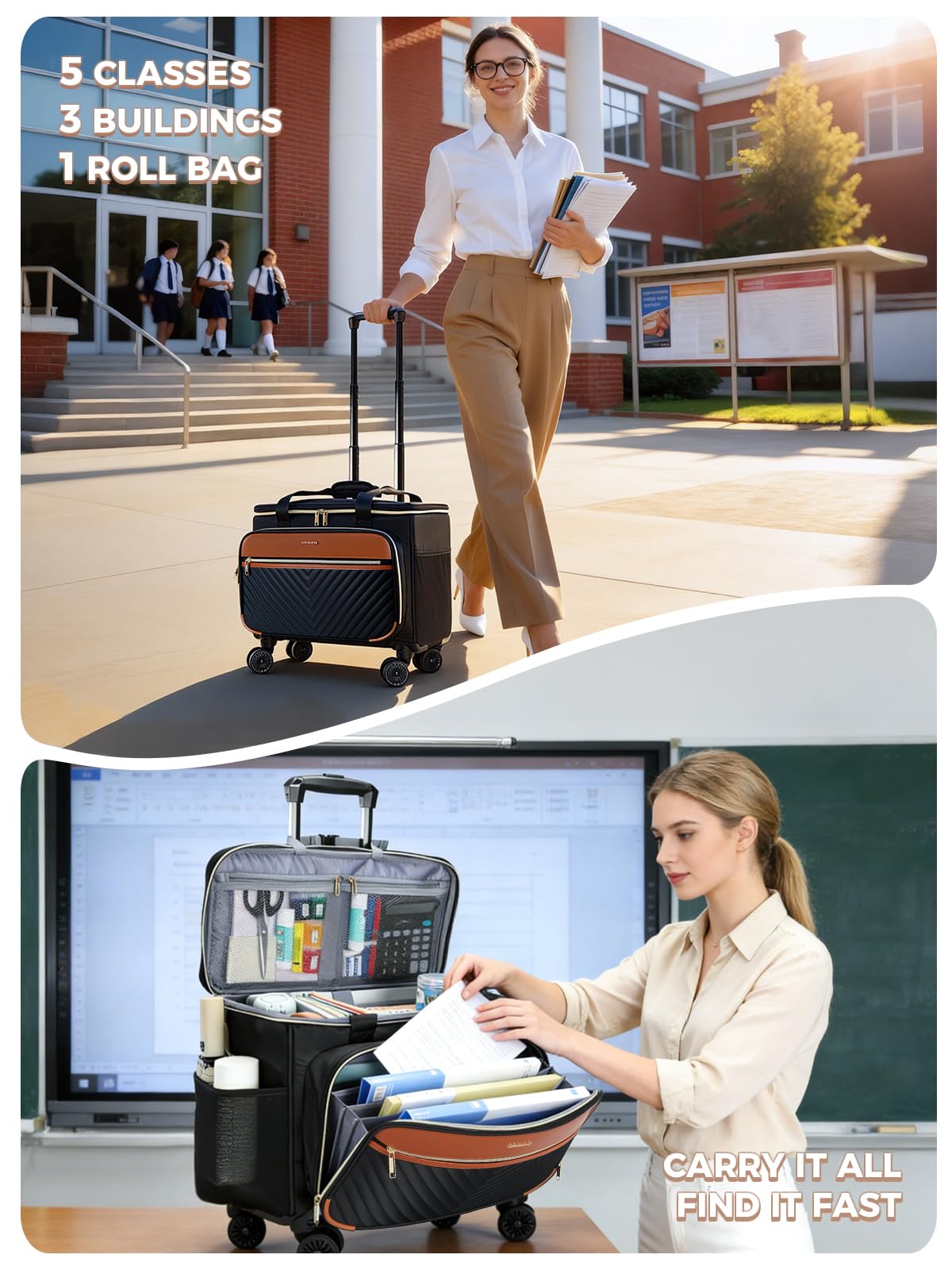 Rolling Teacher Bag with 4-Wheels 360° Spinner E2726