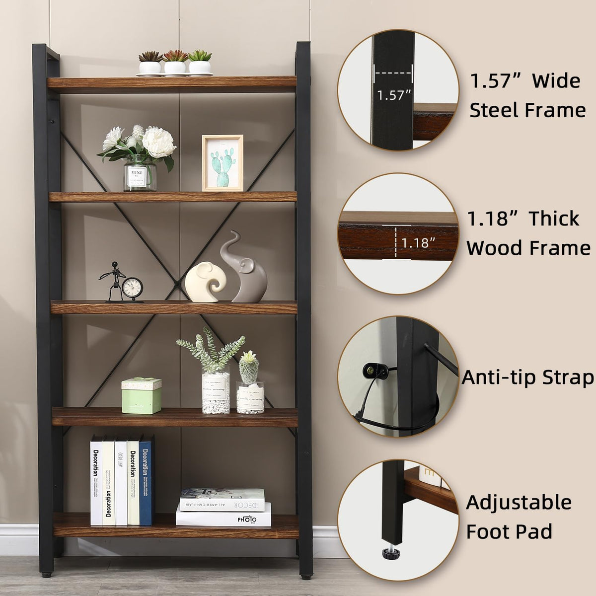 5 Tier Solid Wood Metal Bookcase M211