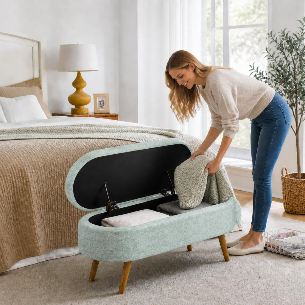Cream Oval Boucle Storage Ottoman with Wooden Legs A207