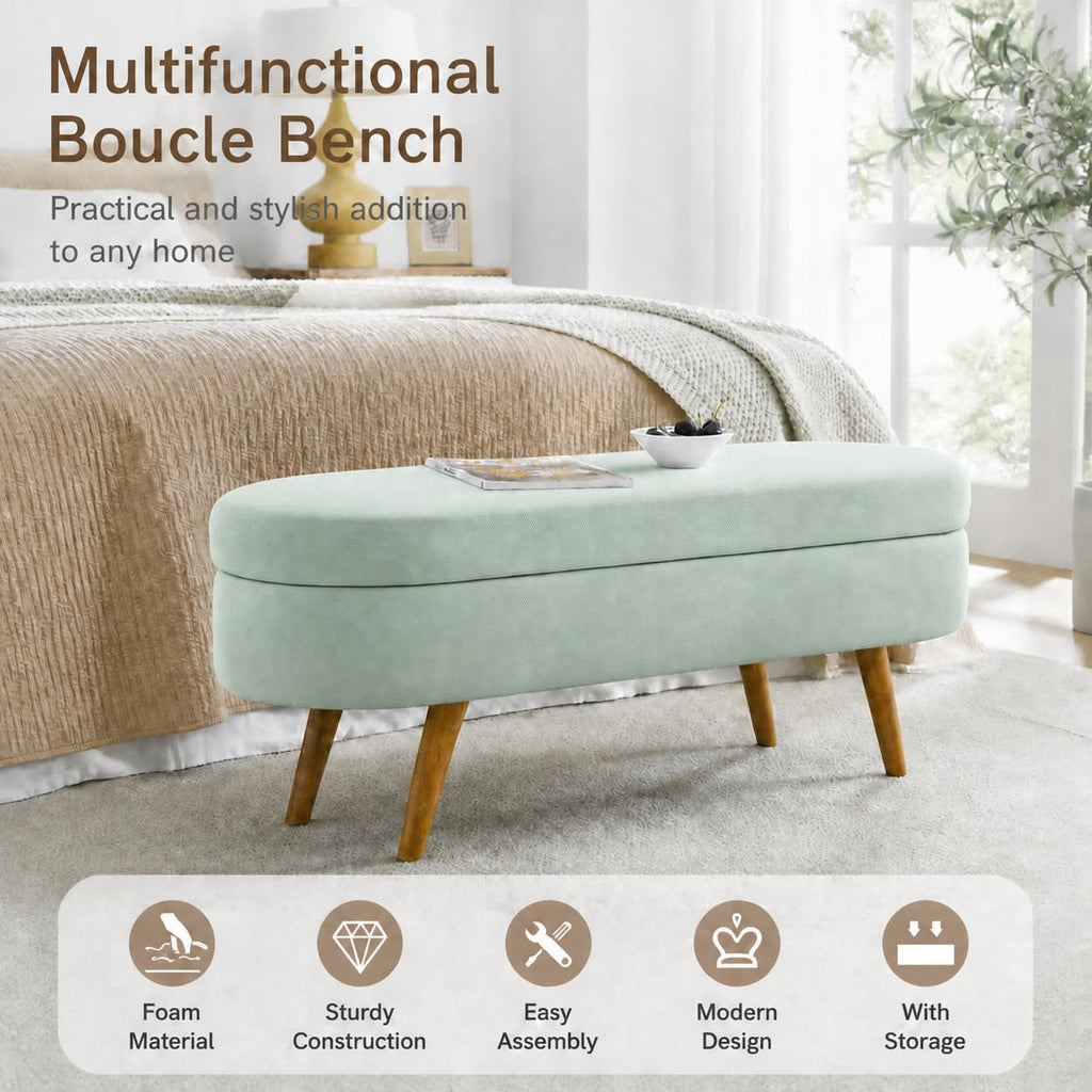 Cream Oval Boucle Storage Ottoman with Wooden Legs A207