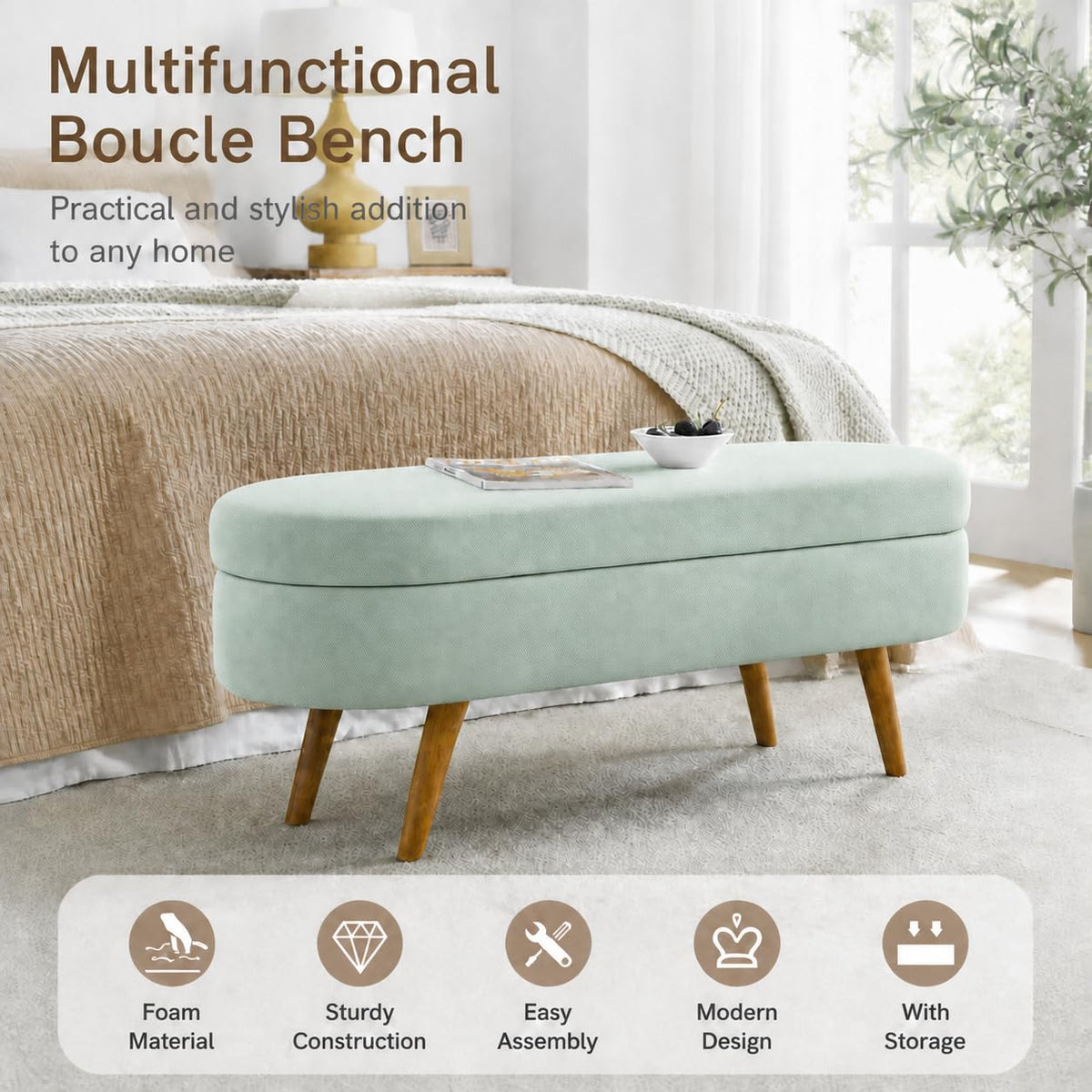 Cream Oval Boucle Storage Ottoman with Wooden Legs A207
