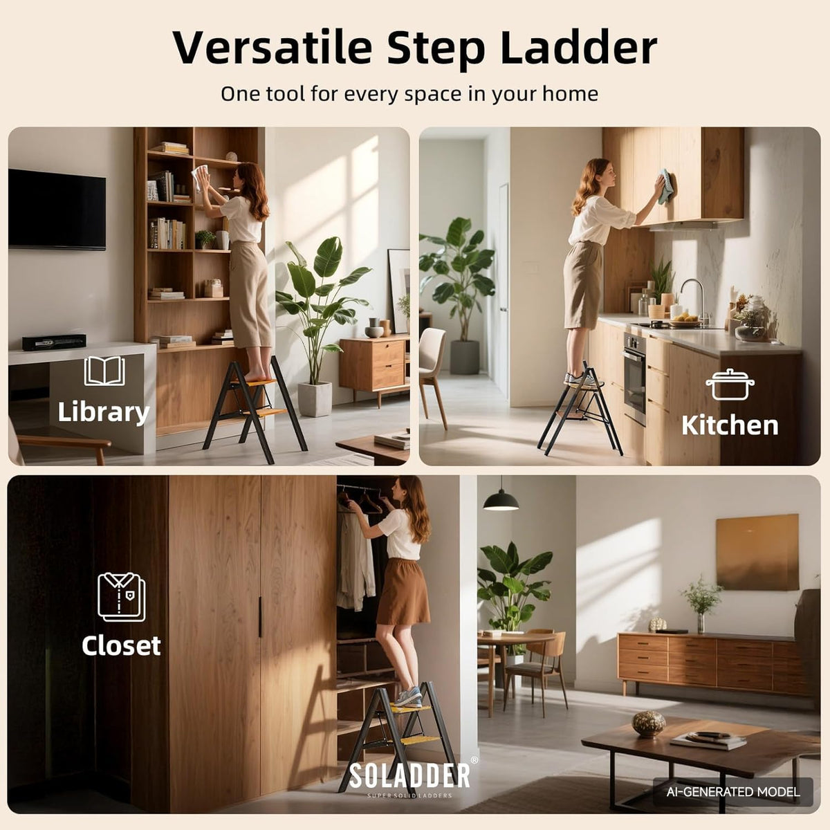 2 Step Folding Ladder, Black & Woodgrain B7604