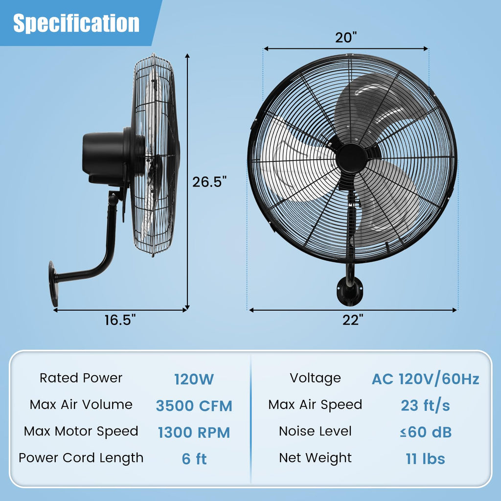 20 Inch 3-Speed Oscillating Metal Wall Fan R5252