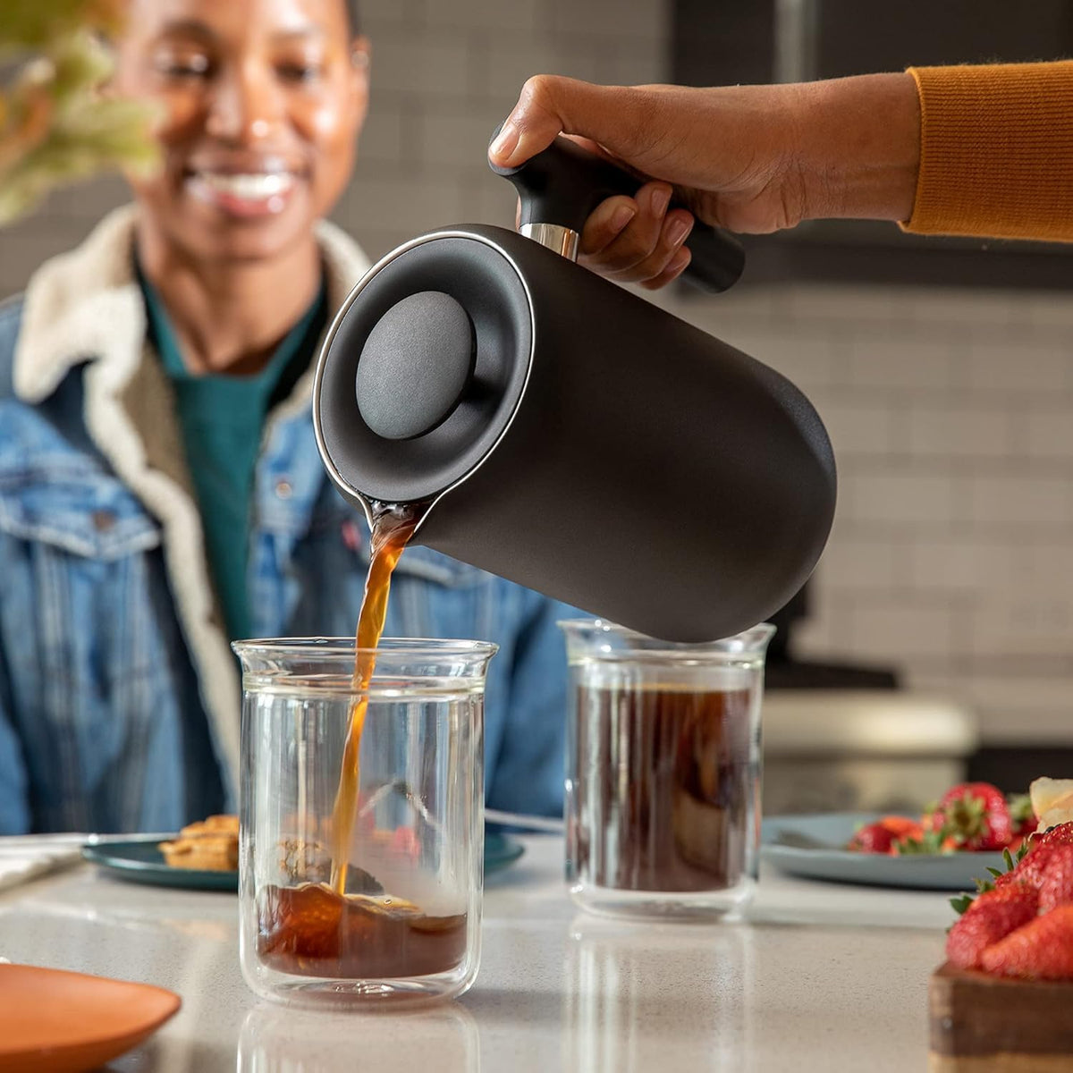 Insulated Coffee Maker with Enhanced Filtration System, Portable French Press Stainless Steel, 24 oz Carafe, Matte Black P1854