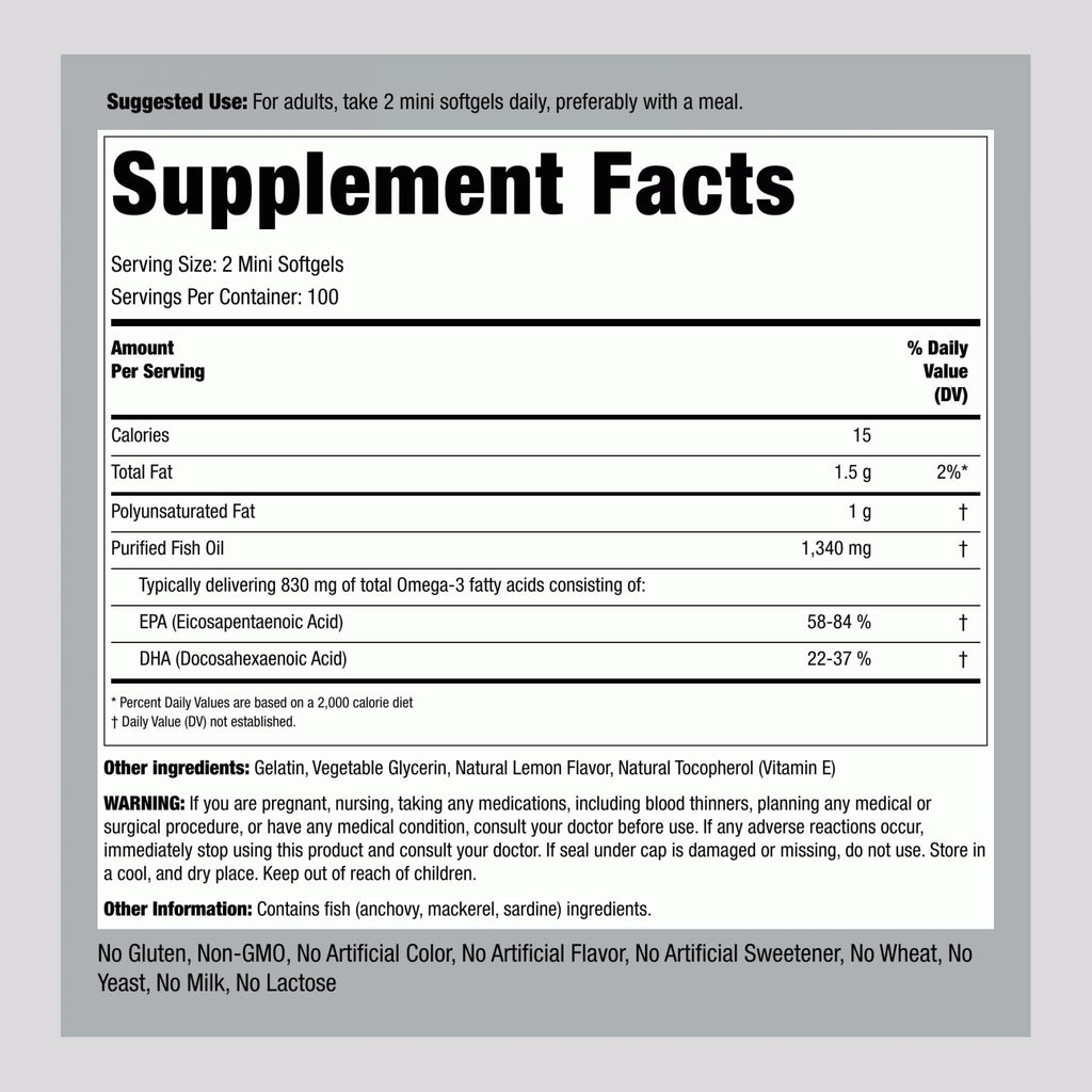 Fish Oil Omega 3 Supplement 1340 mg 200 Mini Softgels B96112