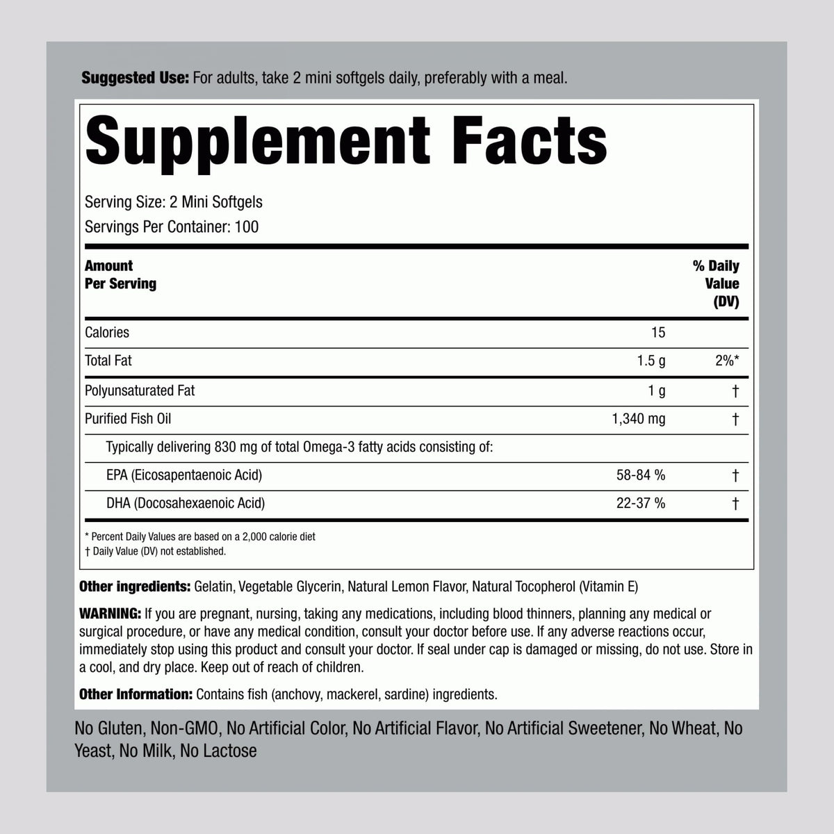 Fish Oil Omega 3 Supplement 1340 mg 200 Mini Softgels B96112