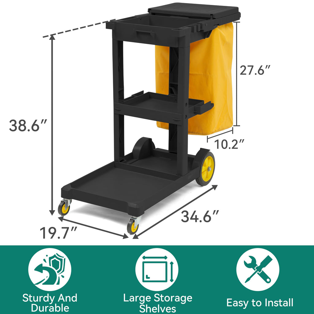 Black 3-Shelf Cleaning Cart on Wheels J9901